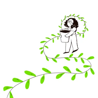 Ilustração minimalista de uma mulher de cabelos cacheados e óculos, carregando um vaso, enquanto uma longa trepadeira verde contorna seu corpo e atravessa a imagem sobre fundo cinza-claro.