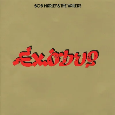 Fundo dourado com o título 'EXODUS' em vermelho no centro e, acima, 'BOB MARLEY & THE WAILERS' em letras pretas menores.
