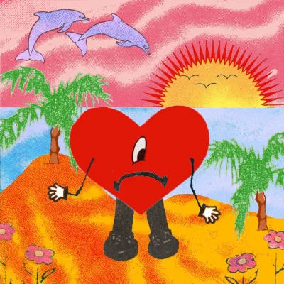 Ilustração de um coração vermelho triste, com um único olho, em uma praia ao pôr do sol, cercado por palmeiras sob um céu rosa e laranja.